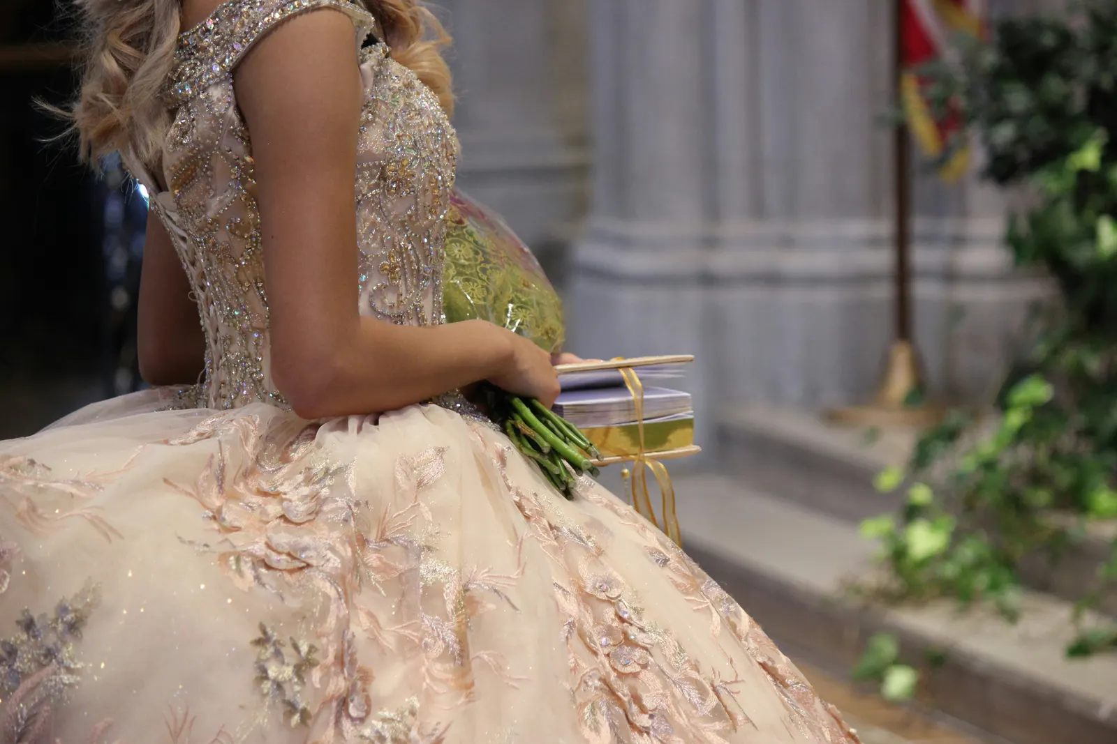 Quinceañera celebrant in a full ball gown with her court, the kind of group that decorates a party bus in her colors