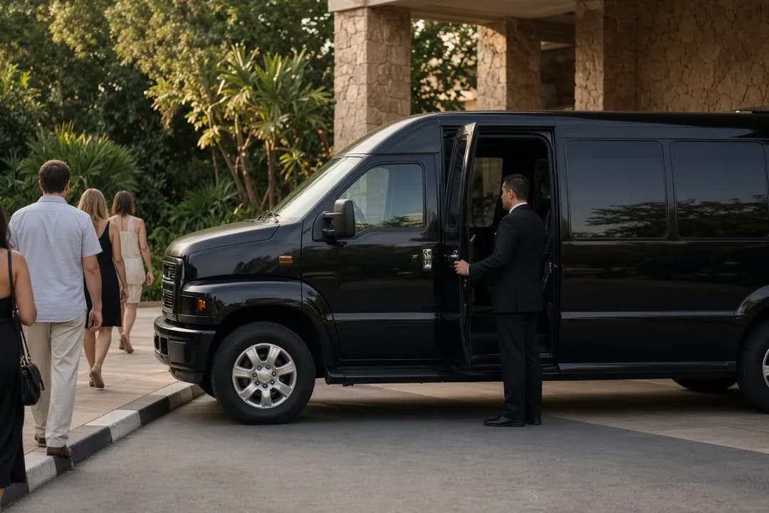 Chauffeur holding the door of a black Sprinter at a Phoenix resort entrance