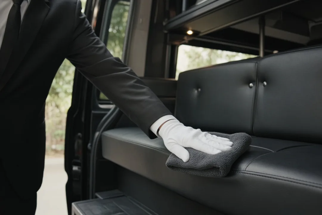 Chauffeur in white gloves wiping down a leather seat before a pickup