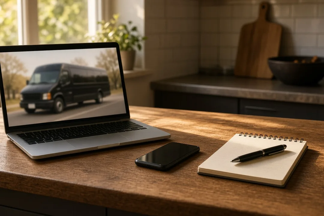 Laptop, phone and notepad set out to plan a group trip