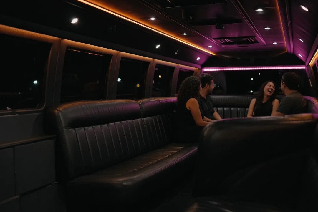 Friends laughing at the back of a party bus lit in orange and magenta