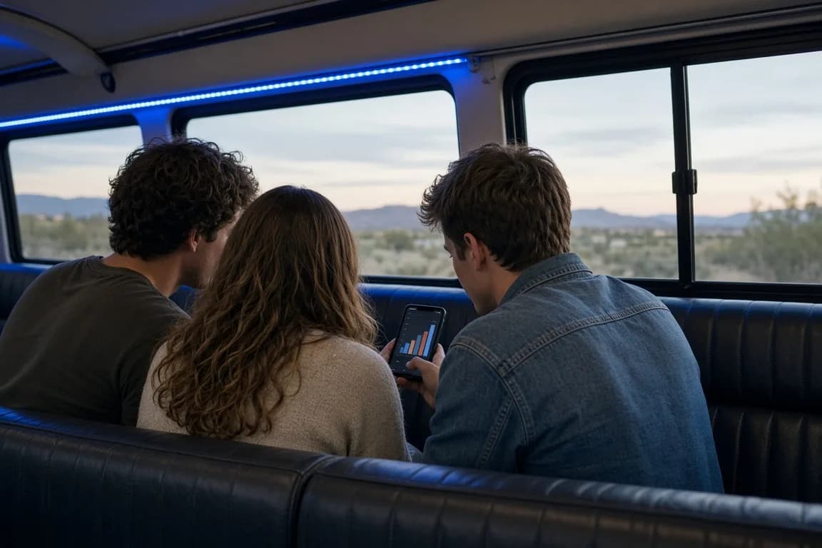 Friends on a party bus checking live poll results on a phone