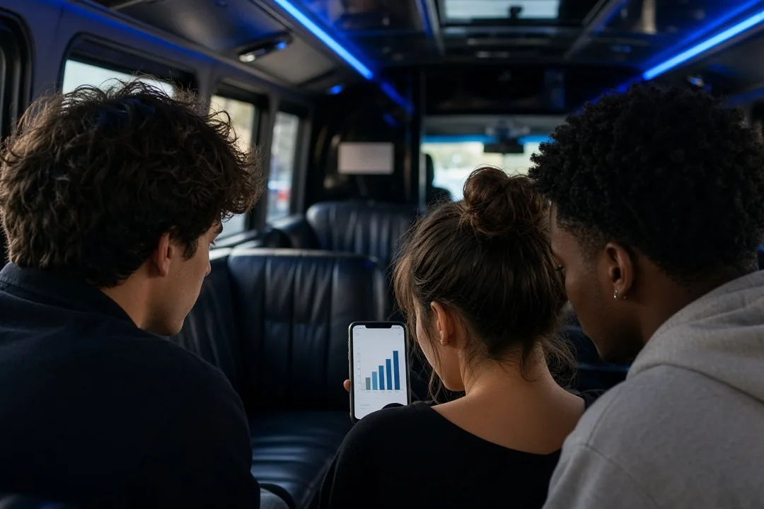 Friends on a party bus checking live poll results on a phone