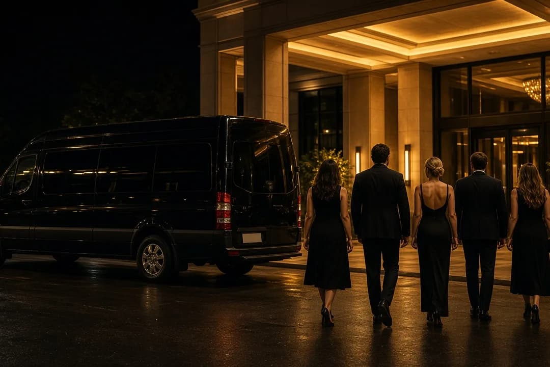 Group arriving by black Sprinter at a Las Vegas resort entrance at night
