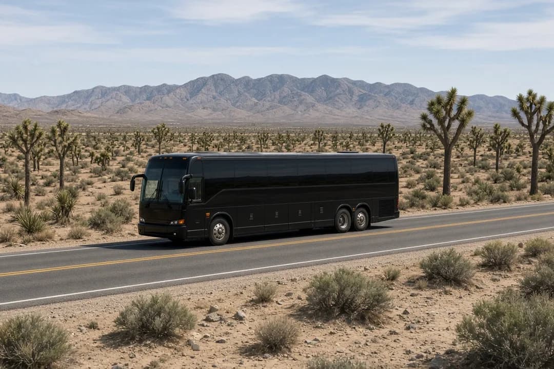 Black motorcoach on a desert highway lined with Joshua trees