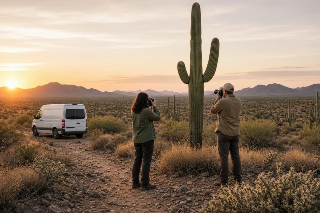 Saguaro cactus and the Superstition Mountains at golden hour along the Apache Trail east of Phoenix