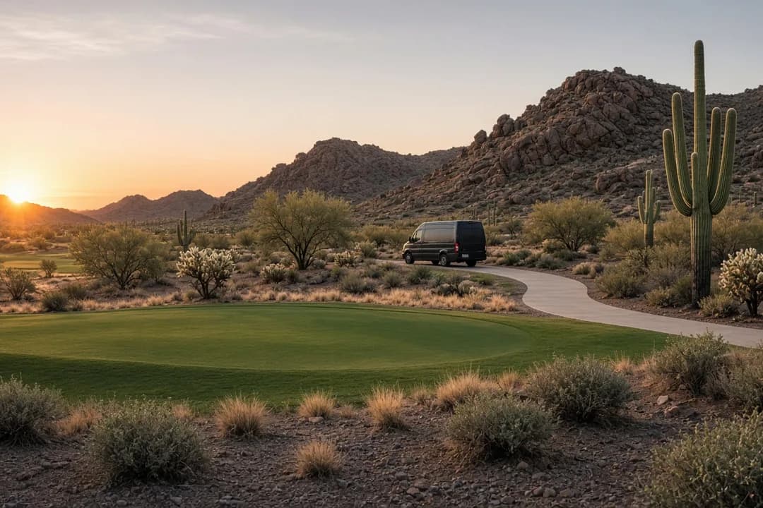 Golfers loading club bags into an executive Sprinter at sunrise outside a Scottsdale resort