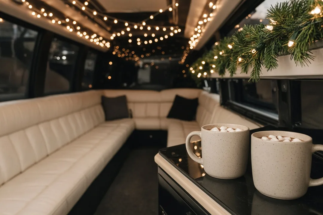 Family looking out party bus windows at a Phoenix neighborhood street covered in holiday lights