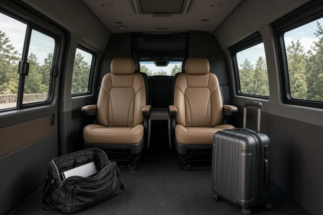 Executive Sprinter van waiting for a group with luggage at a Phoenix Sky Harbor passenger pickup area