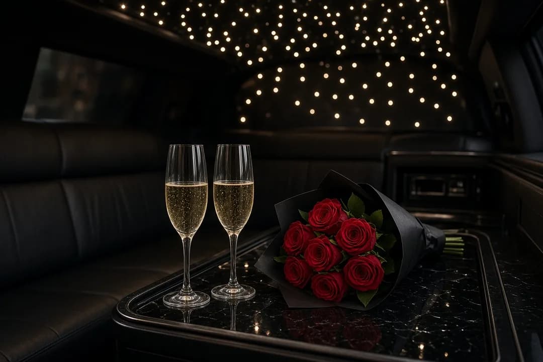 Couple toasting with champagne flutes in the back of a stretch limousine with Camelback Mountain visible at sunset