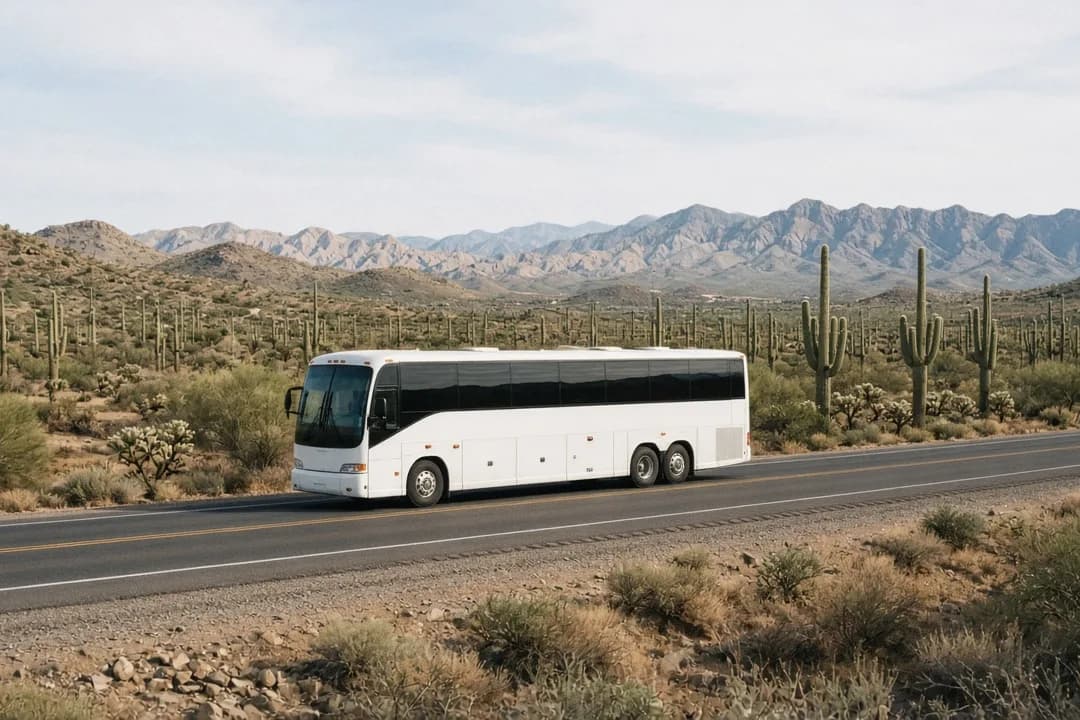 Full-size charter coach bus loading a corporate group outside a Downtown Phoenix hotel in the morning