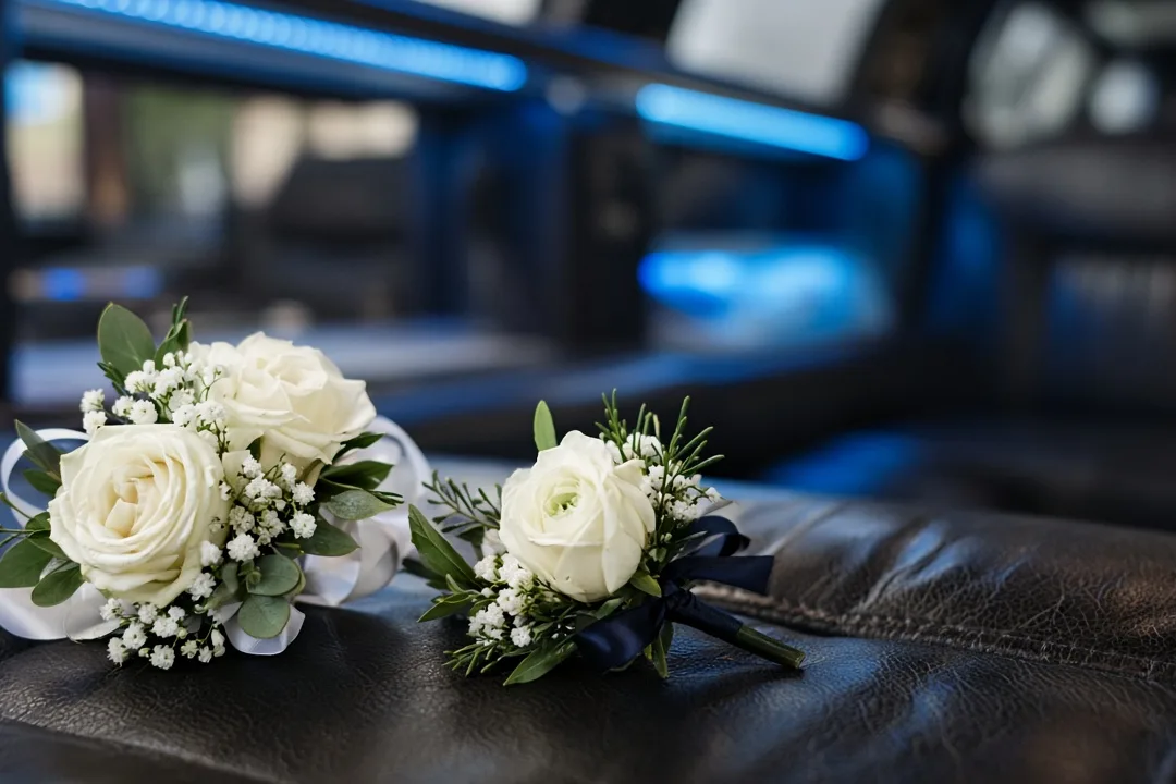 High school students in prom dresses and tuxedos boarding a 20-passenger party bus in a Gilbert driveway at golden hour