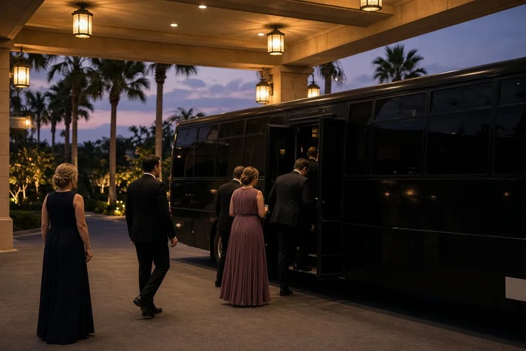 Wedding party stepping off a party bus at a desert resort entrance near Scottsdale before a sunset ceremony