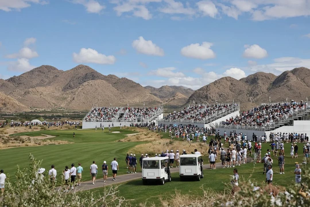Party bus dropping a group near the TPC Scottsdale entrance during WM Phoenix Open week