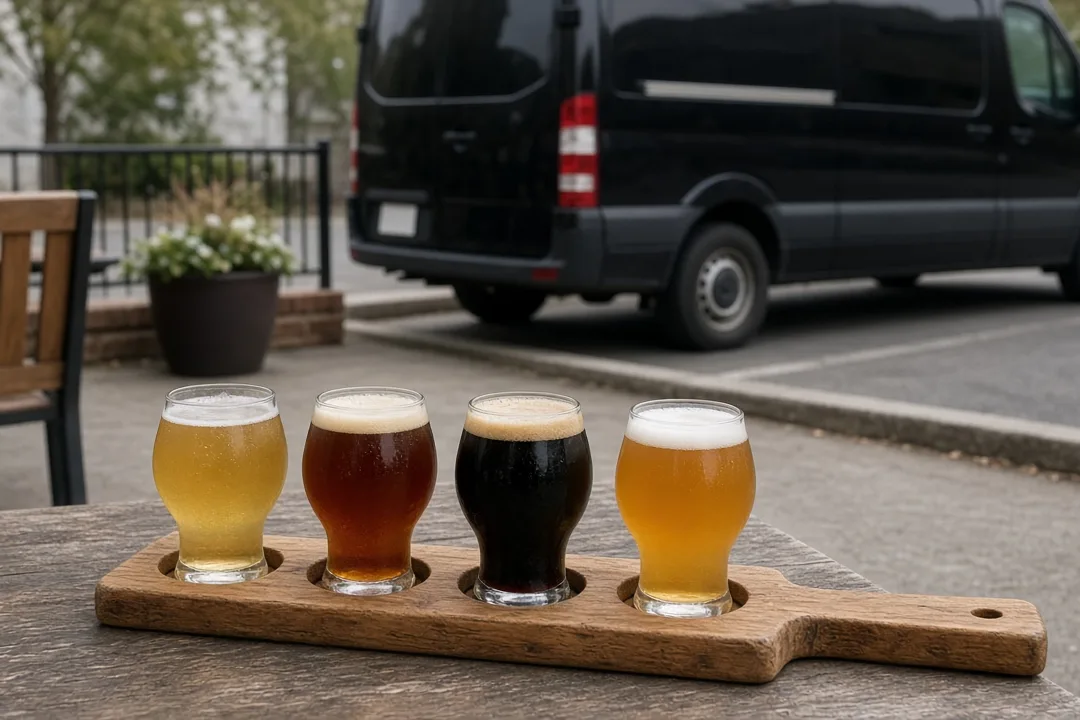 Friends holding beer flights on a brewery patio in Tempe with a limo Sprinter parked at the curb behind them