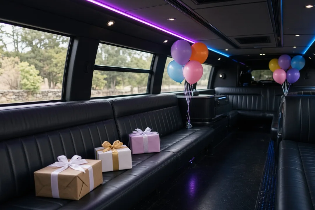 Children in party hats waving from the door of a party bus parked outside a Phoenix home on a Saturday afternoon