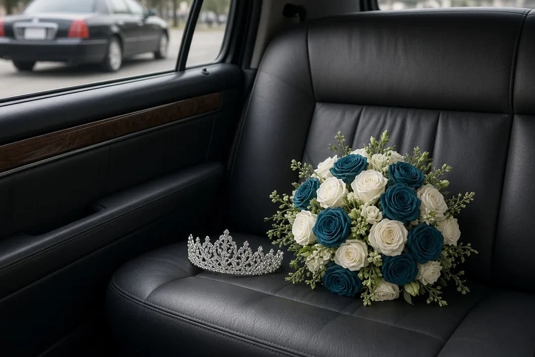 Quinceañera in a blue ball gown standing with her court of honor beside a white limousine outside a Phoenix church