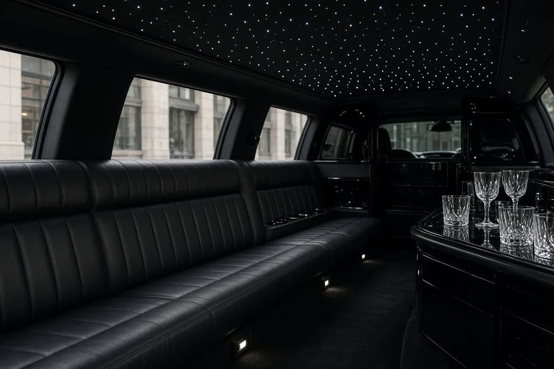 Couple in formalwear stepping out of a white stretch limousine at a Phoenix resort ballroom entrance