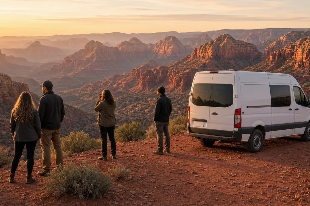 Sprinter on State Route 179 with Bell Rock and red sandstone formations rising behind it near Sedona
