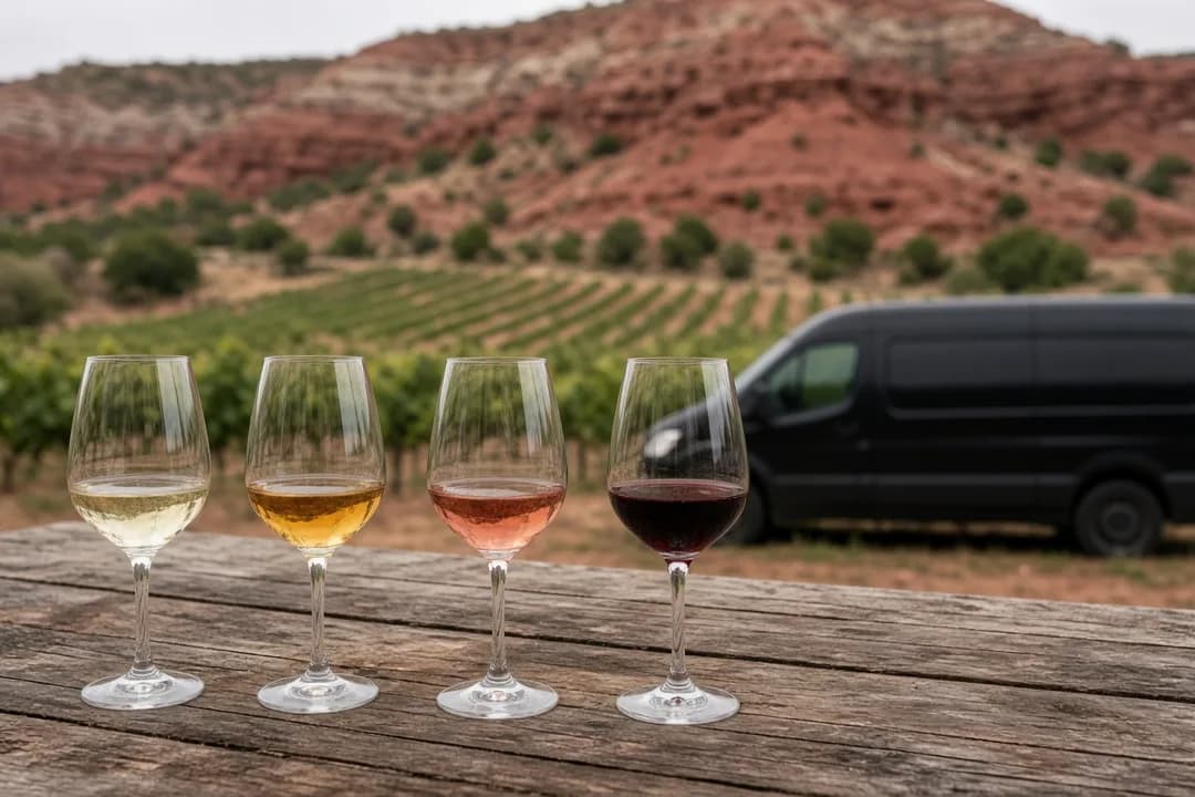 Limo Sprinter parked beside vineyard rows at a Verde Valley winery near Cottonwood, Arizona