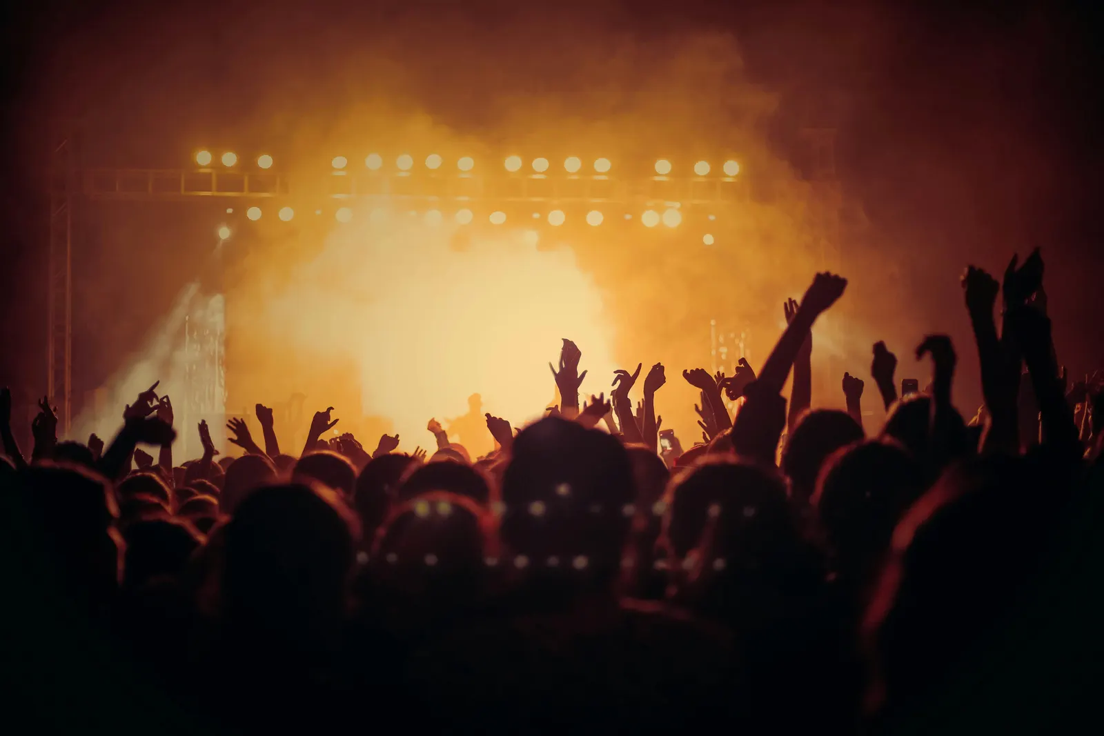 Concert crowd with stage lights, the kind of night Phoenix groups build a party bus playlist around