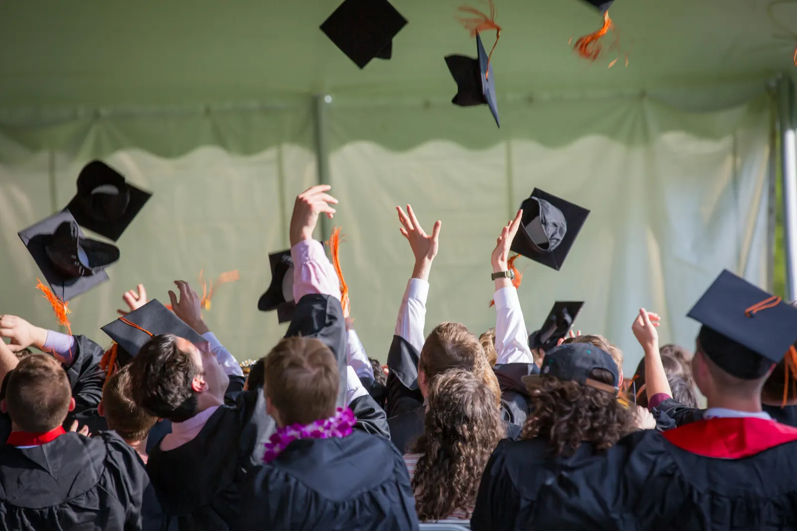 Graduates in caps and gowns celebrating beside a party bus in the Phoenix area