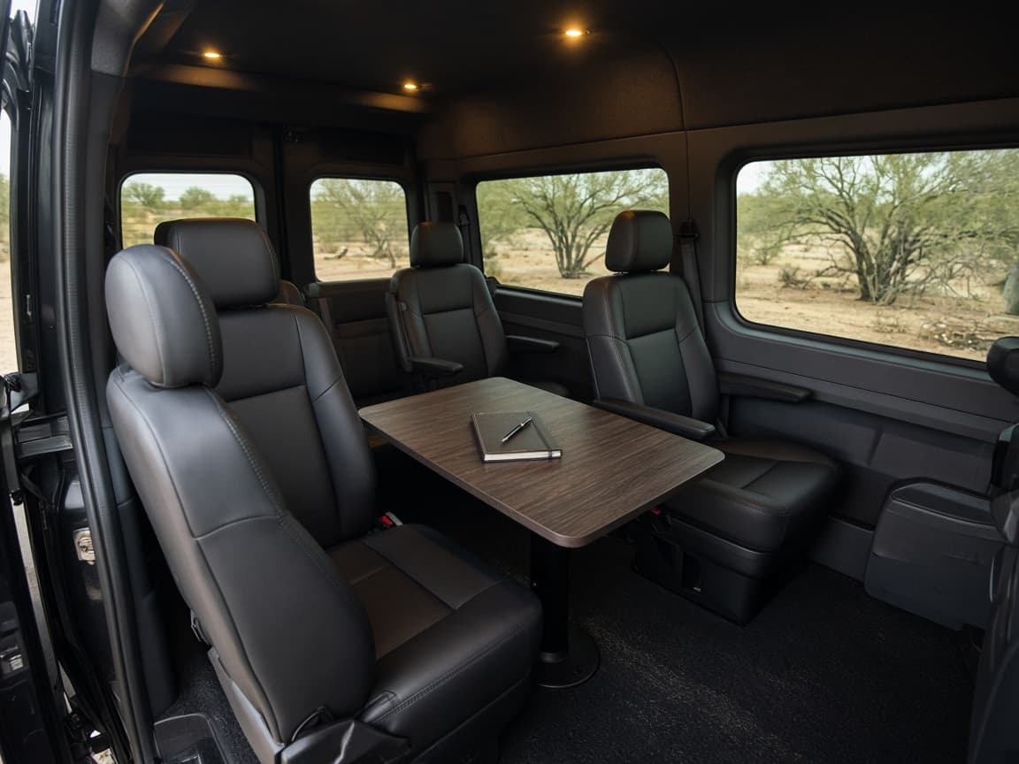 Executive Sprinter interior with leather captain's chairs around a table and desert views through the windows