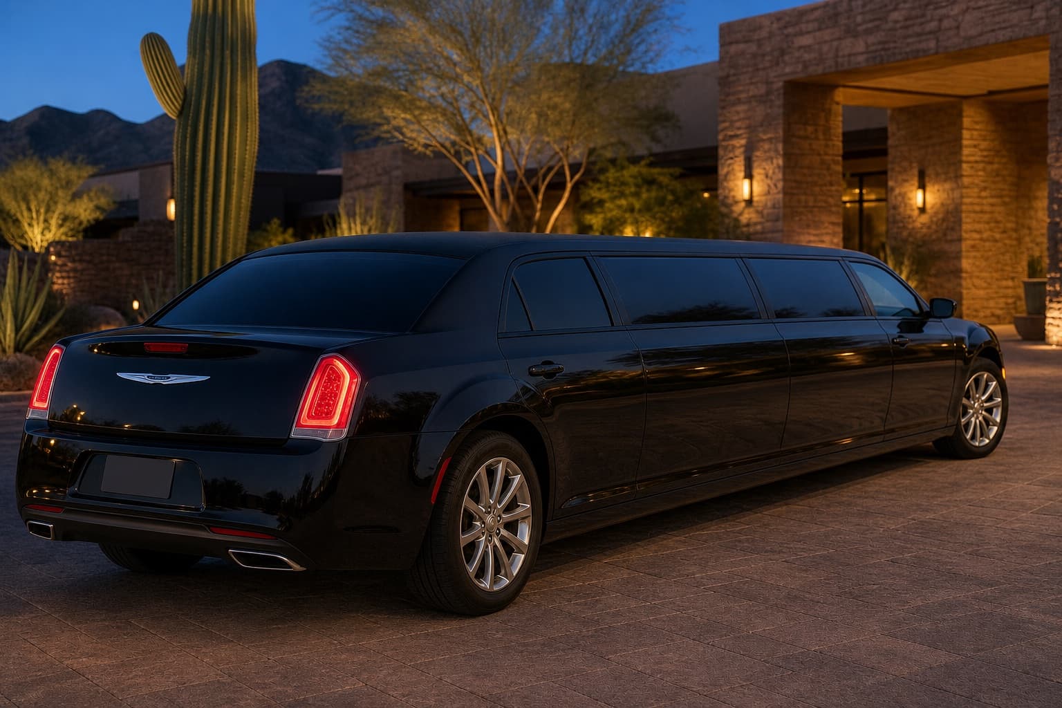 Black stretch limousine parked at a desert resort entrance at dusk