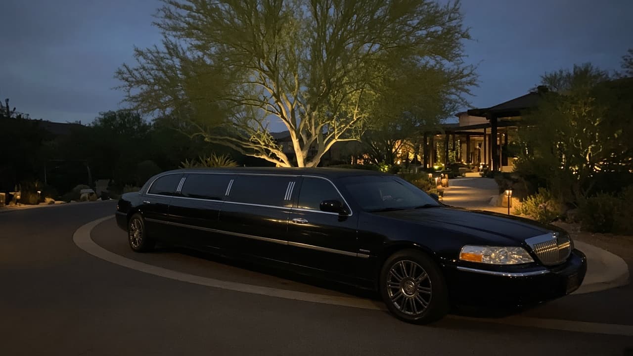 10-passenger Lincoln stretch limousine staged for an evening pickup at an Arizona resort