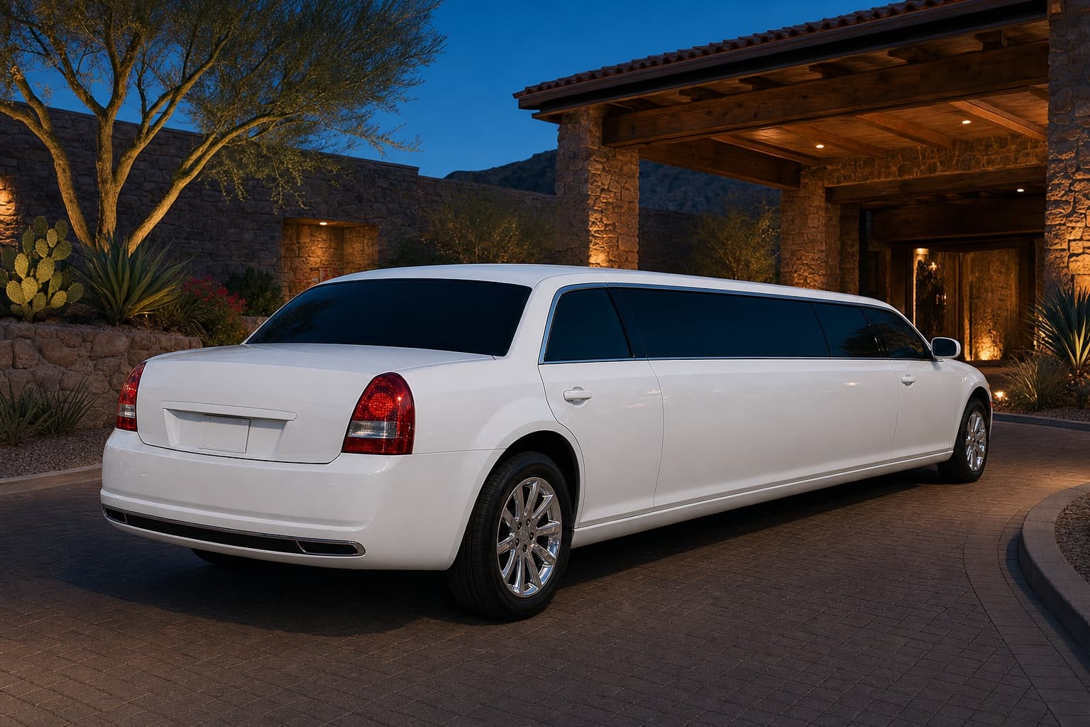 White stretch limousine photographed from the side in daylight
