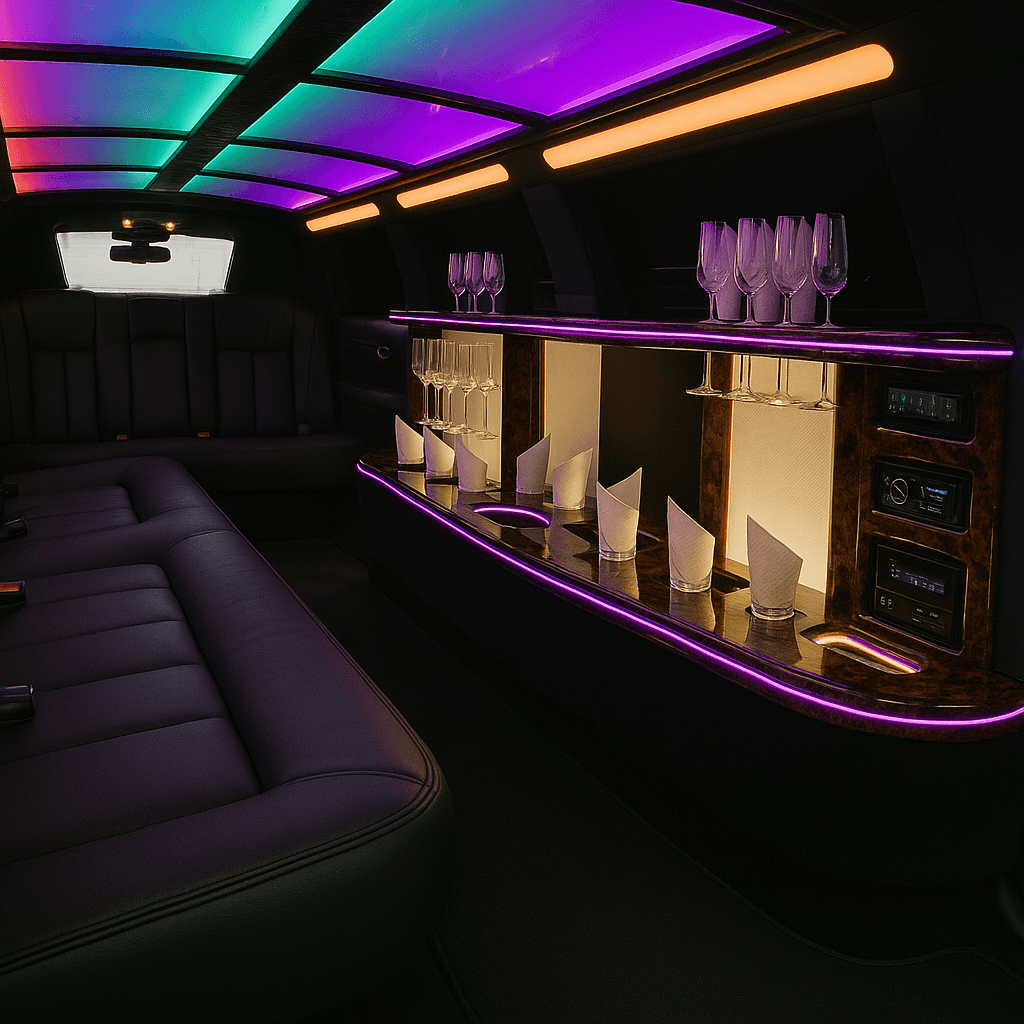 Interior of a 10-passenger stretch limousine with leather bench seating and a bar console