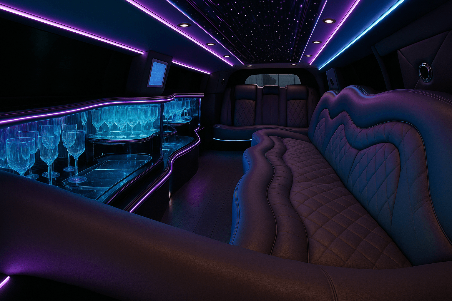 White stretch limousine interior with bench seating along one side and tinted windows