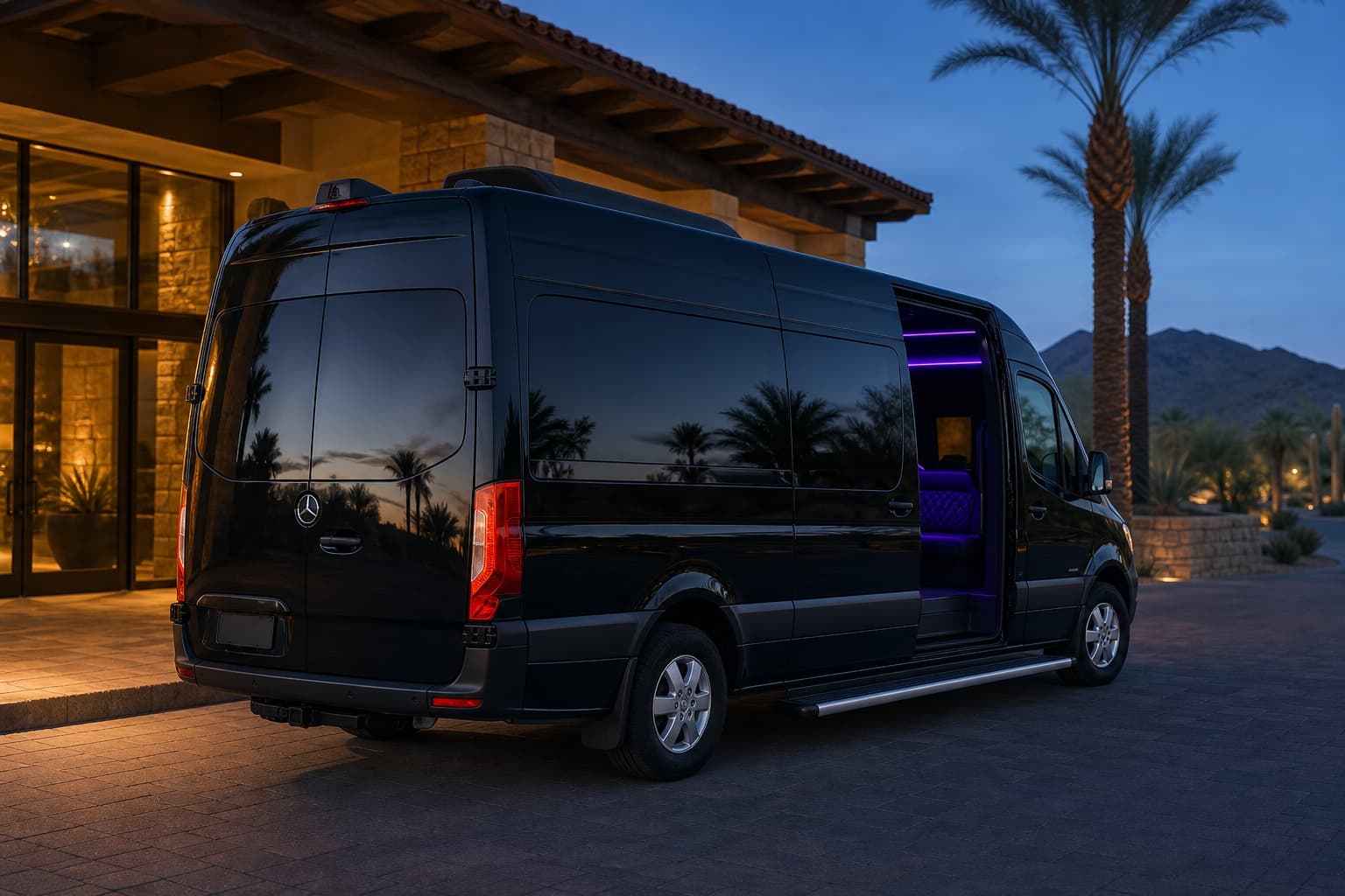 10-passenger limo Sprinter at a Scottsdale resort entrance at dusk