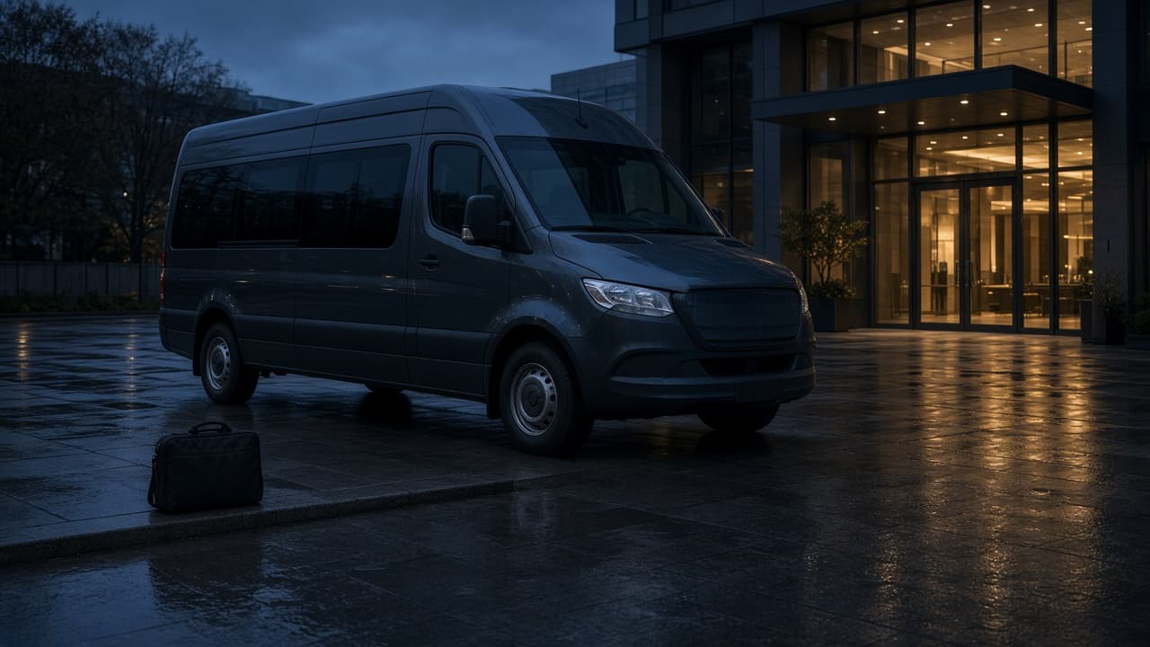 12-passenger executive Sprinter parked on a desert resort driveway at twilight