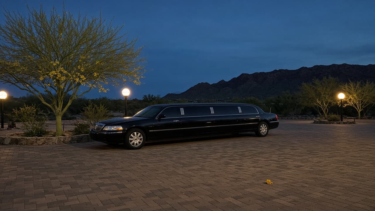12-passenger stretch limousine staged for an evening pickup at an Arizona resort