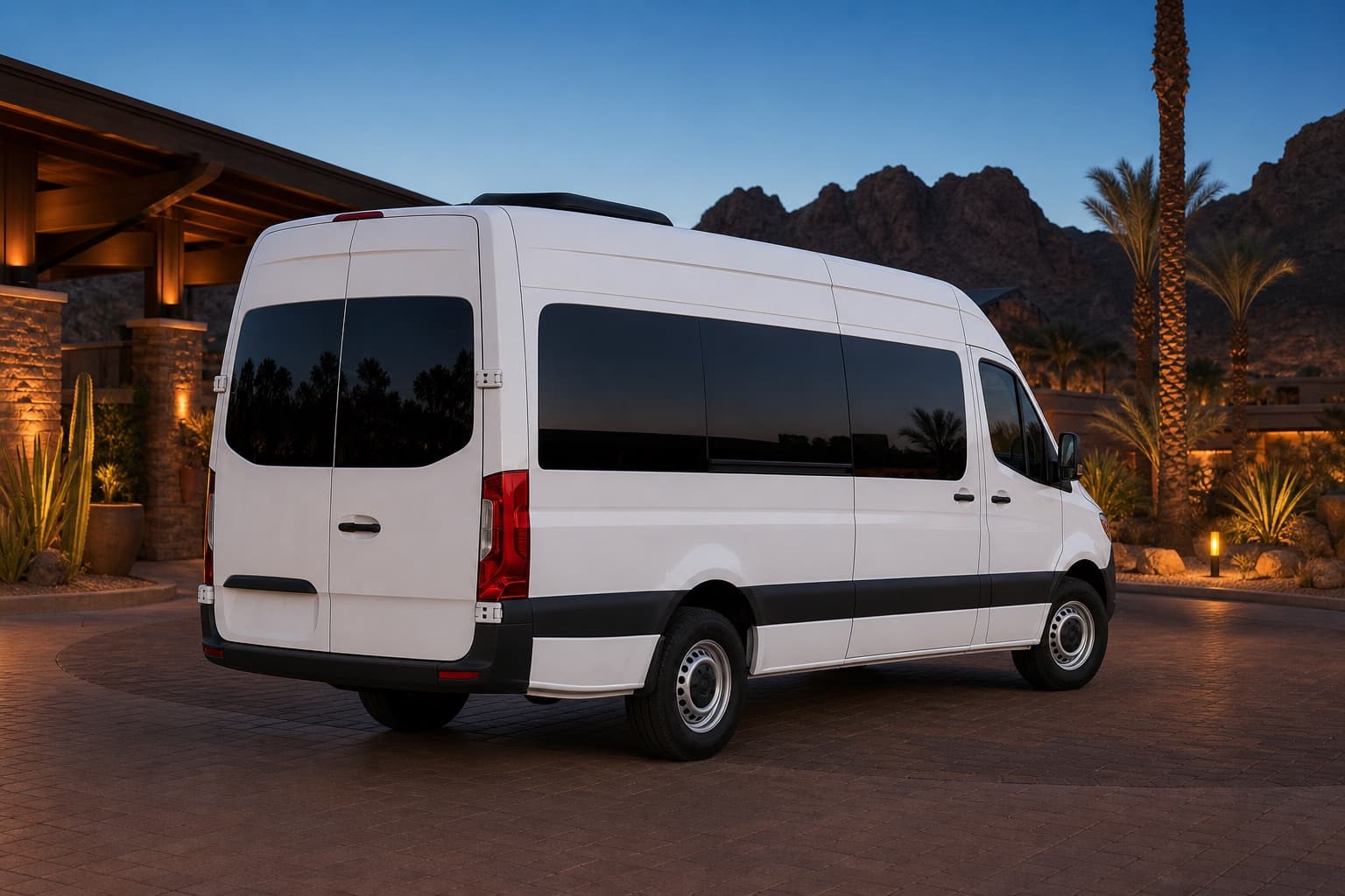 White Mercedes Sprinter van parked near red rock hills at twilight