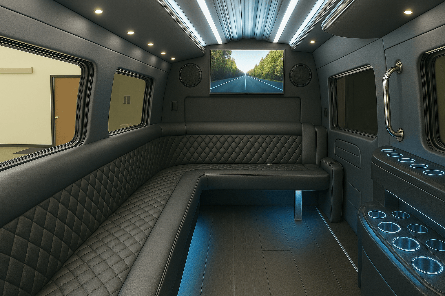 Interior of the 12-Passenger Limo Sprinter, a common pick for food tours groups