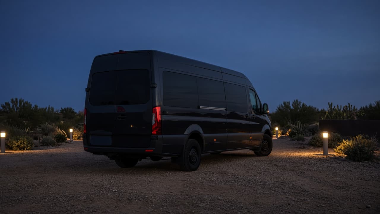 14-passenger executive Sprinter waiting at a resort porte-cochère in the evening