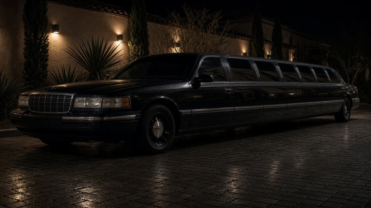 14-passenger stretch limousine parked on a desert resort driveway at twilight