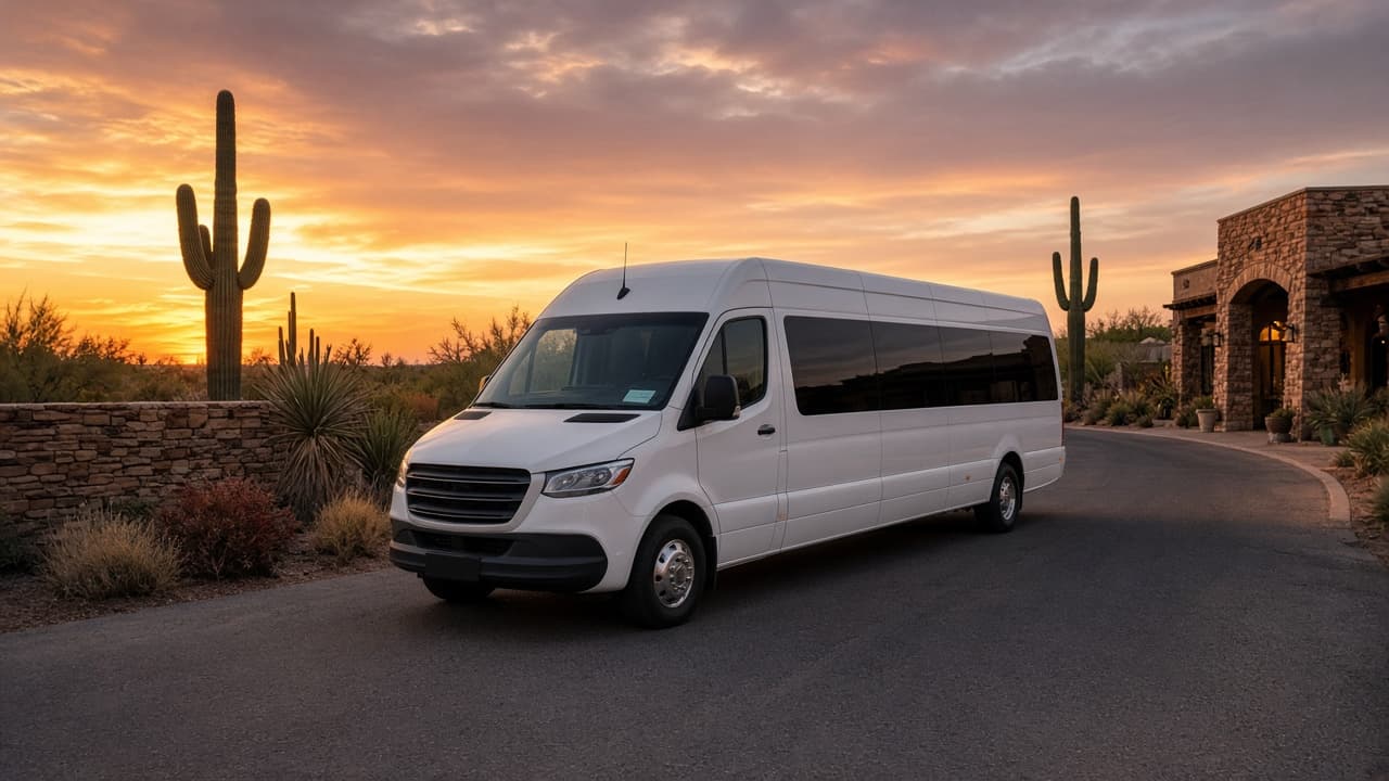 14-passenger limo Sprinter on a paver driveway with desert mountains behind it