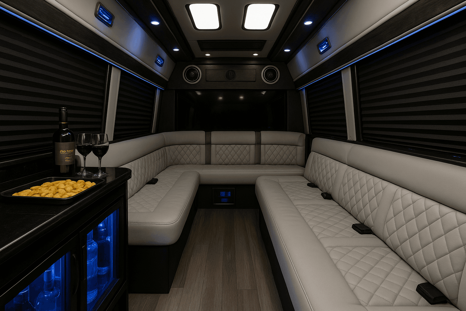 Interior of a 14-passenger limo Sprinter with facing leather seating and accent lighting