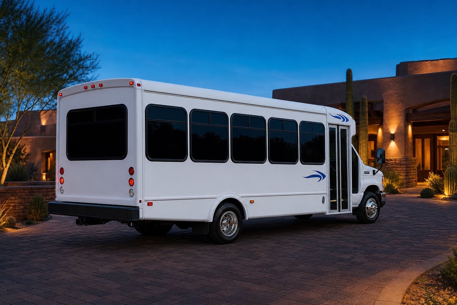 16-passenger shuttle-style coach bus rear view beside saguaros and palms at sunset