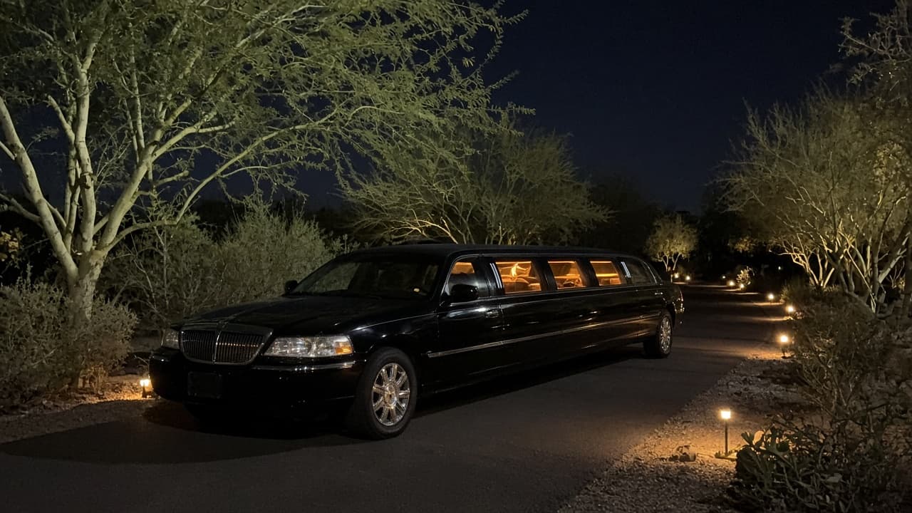 16-passenger stretch limousine waiting at a resort porte-cochère in the evening