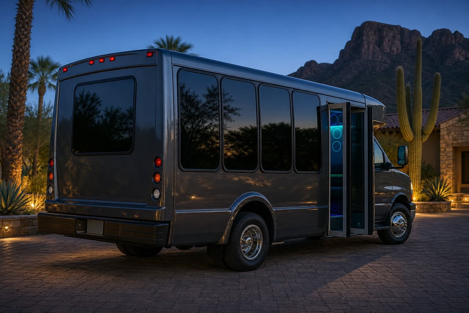 16-passenger party bus rear view beside saguaros and palms at sunset
