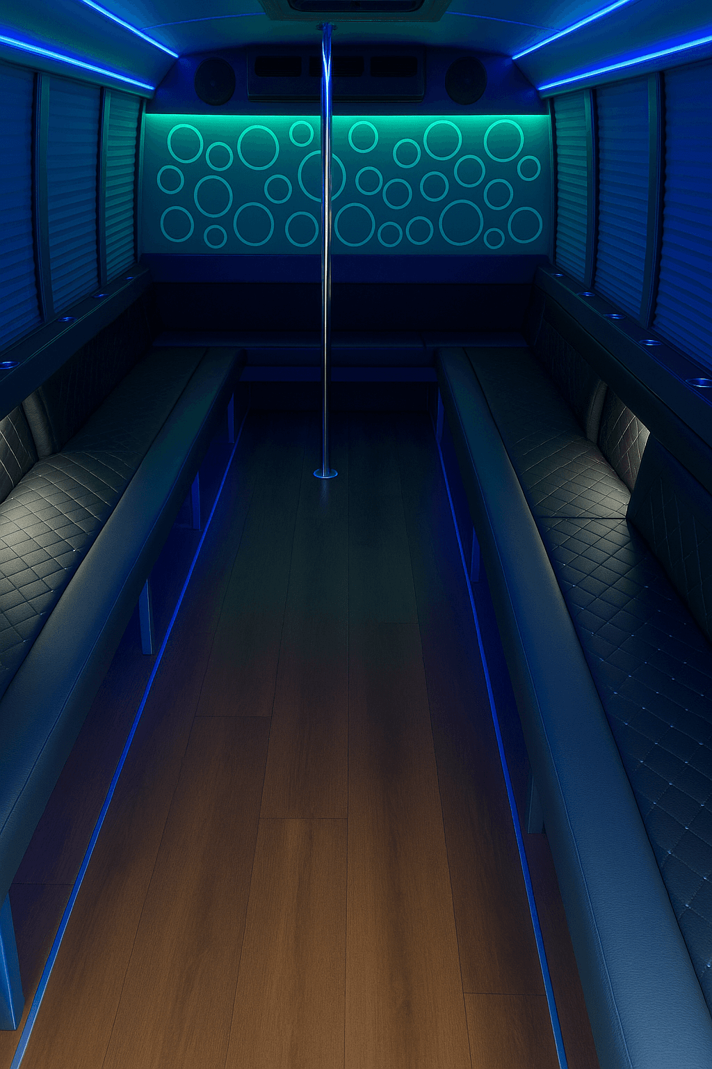 Interior of a 16-passenger party bus with bench seating along the walls and LED lighting