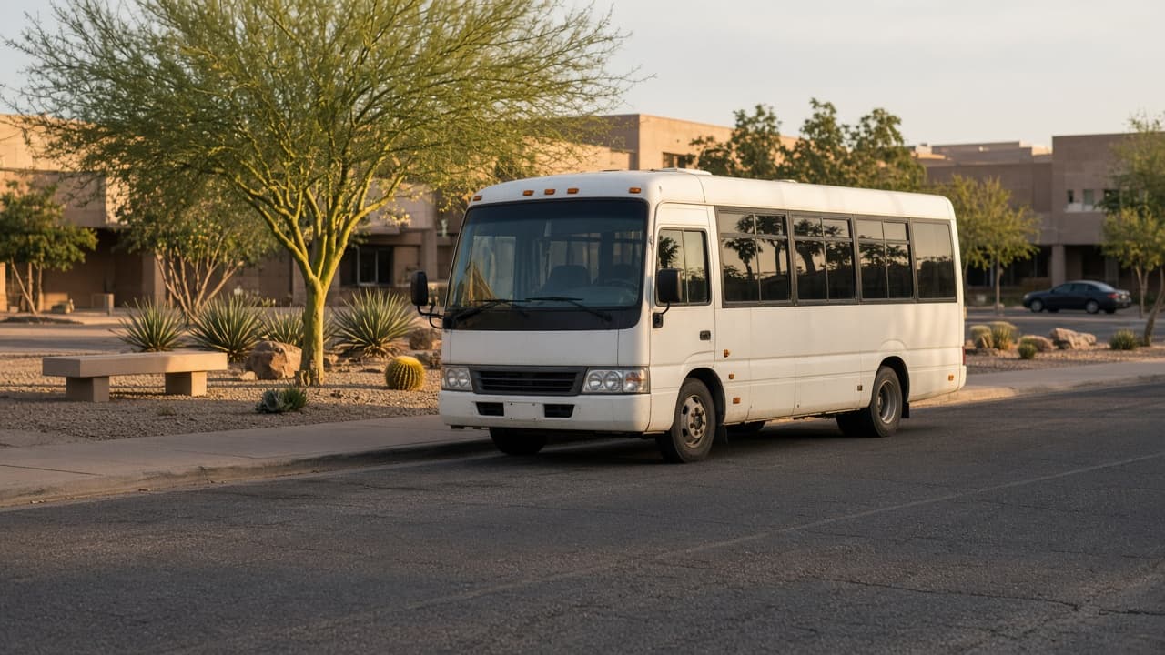 18-passenger shuttle-style coach bus on a paver driveway with desert mountains behind it