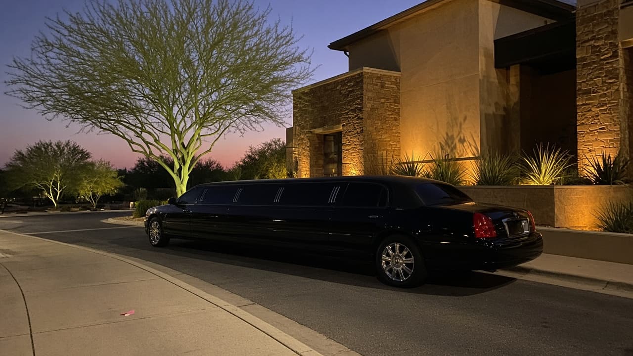 18-passenger stretch limousine staged for an evening pickup at an Arizona resort
