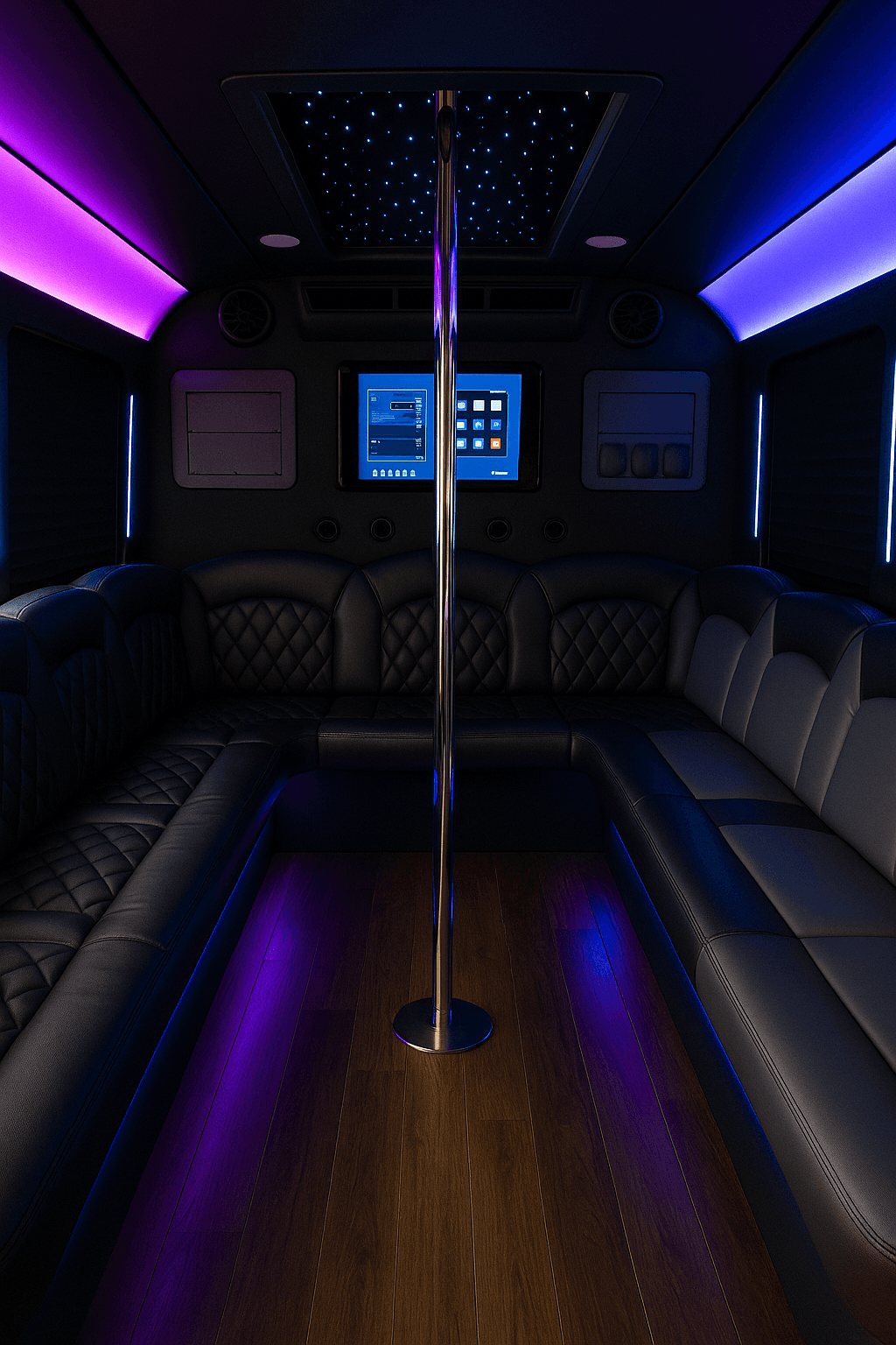 Interior of an 18-passenger party bus with perimeter seating, LED lighting and a sound system