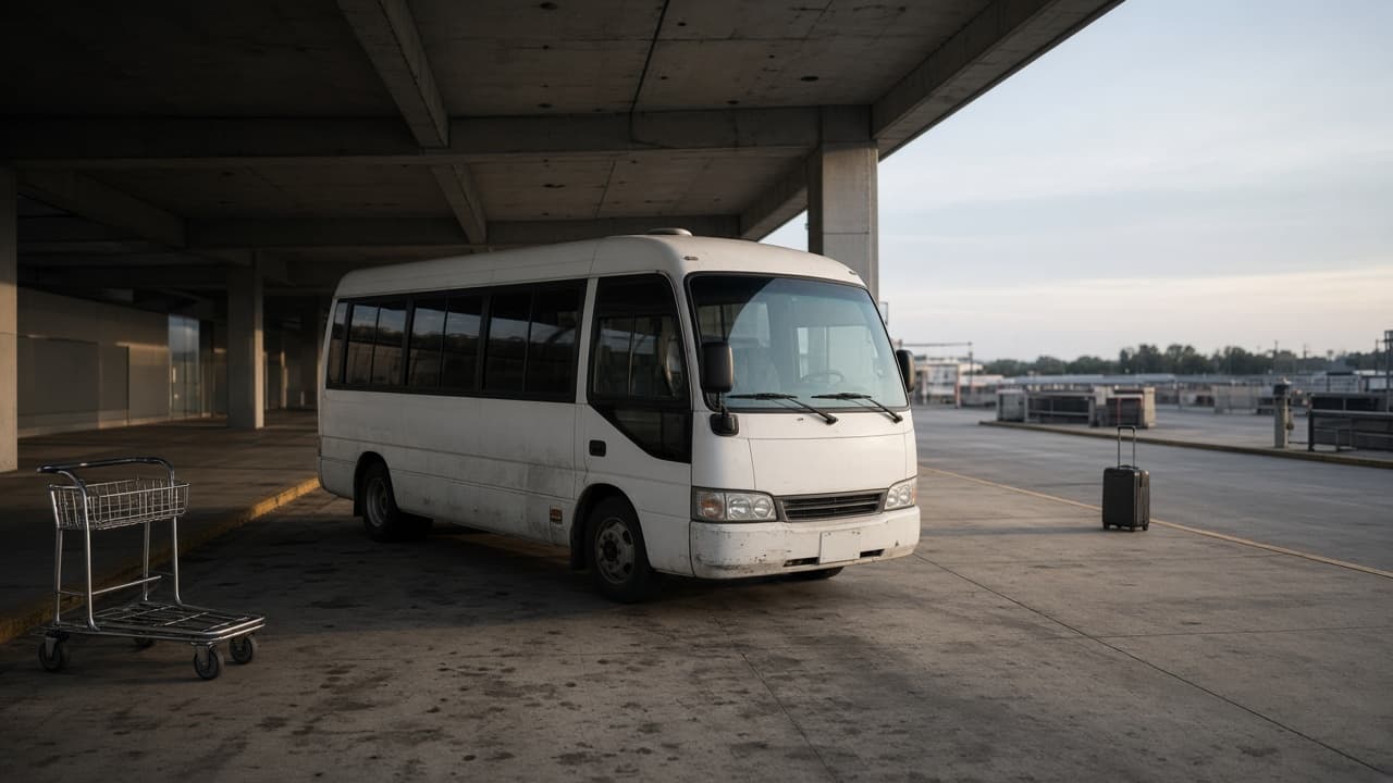 20-passenger shuttle-style coach bus at a Scottsdale resort entrance at dusk