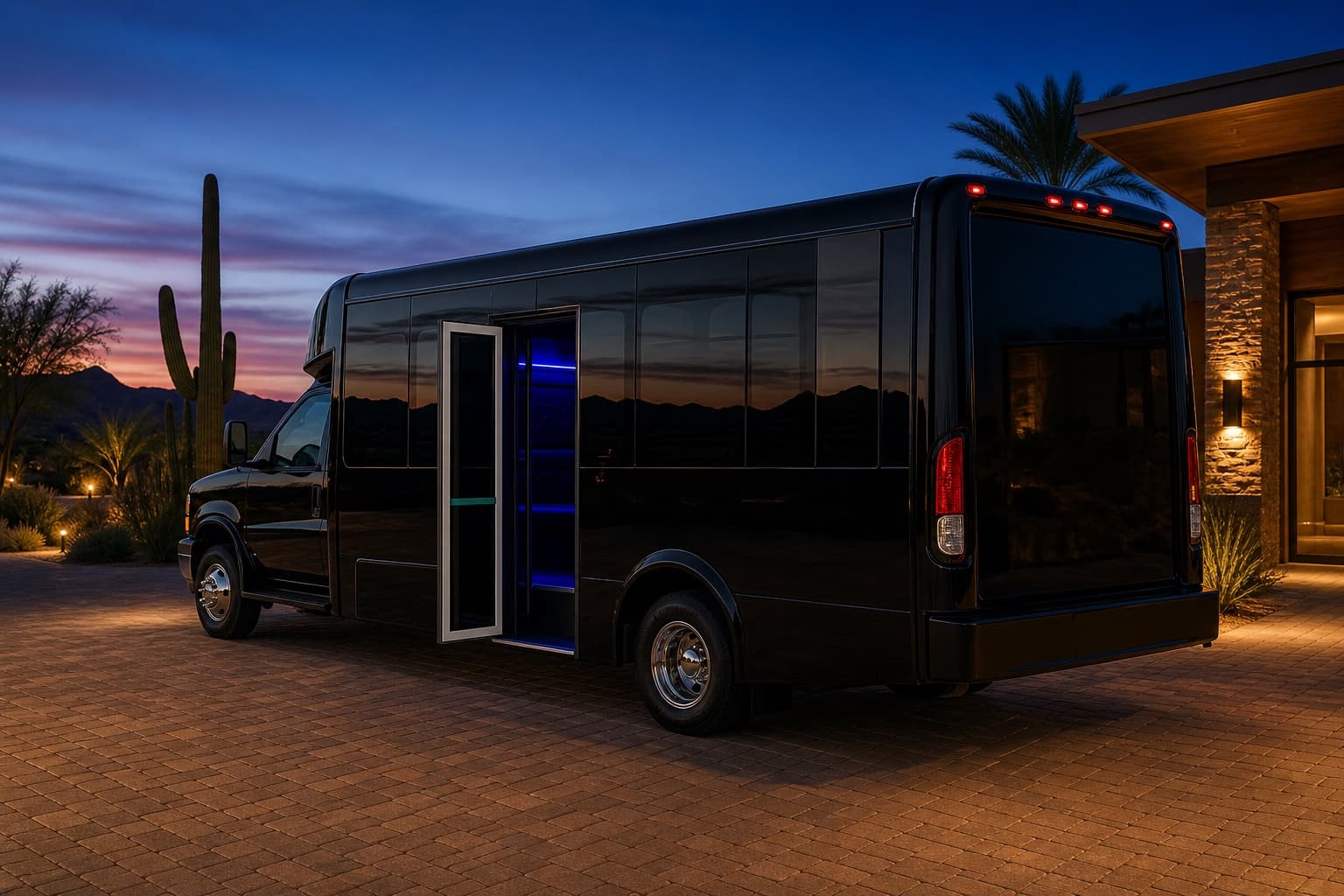 20-passenger party bus at a Scottsdale resort entrance at dusk